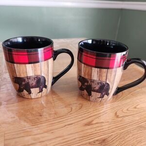 2 X White River Home Mug Black Bear Bass Pro Shops 16oz Red Tartan